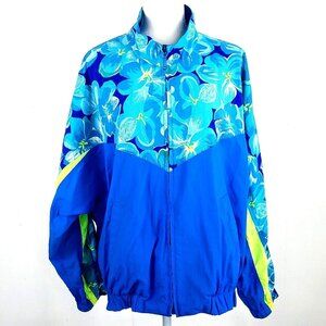 Vintage 1990s Lizsport Blue Yellow Floral Print Windbreaker Jacket Zip Up Large